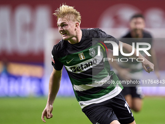 Conrad Harder of Sporting CP celebrates after he scores his team's third goal during the Liga Portugal Betclic match between SC Braga and Sp...