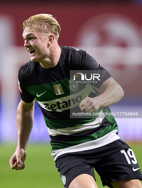 Conrad Harder of Sporting CP celebrates after he scores his team's third goal during the Liga Portugal Betclic match between SC Braga and Sp...