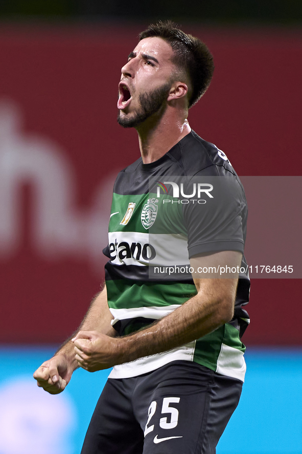 Goncalo Inacio of Sporting CP celebrates after Conrad Harder (not in frame) scores their side's fourth goal during the Liga Portugal Betclic...