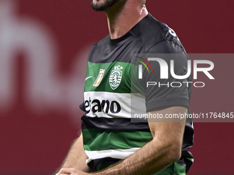 Goncalo Inacio of Sporting CP celebrates after Conrad Harder (not in frame) scores their side's fourth goal during the Liga Portugal Betclic...