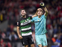 Goncalo Inacio (L) and Franco Israel of Sporting CP celebrate after Conrad Harder (not in frame) scores their side's fourth goal during the...