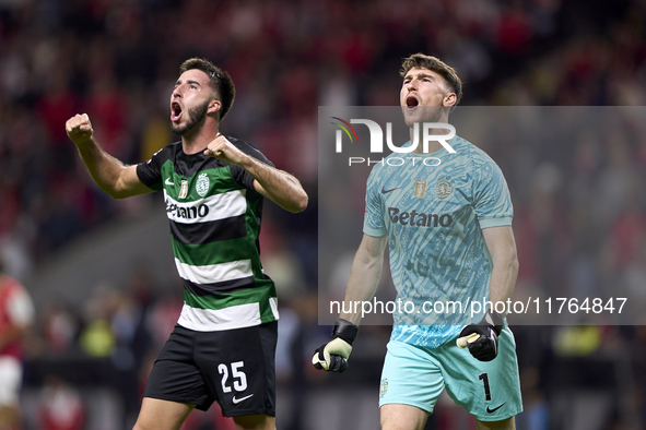 Goncalo Inacio (L) and Franco Israel of Sporting CP celebrate after Conrad Harder (not in frame) scores their side's fourth goal during the...