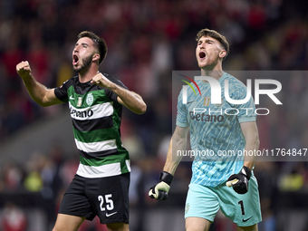 Goncalo Inacio (L) and Franco Israel of Sporting CP celebrate after Conrad Harder (not in frame) scores their side's fourth goal during the...