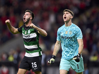 Goncalo Inacio (L) and Franco Israel of Sporting CP celebrate after Conrad Harder (not in frame) scores their side's fourth goal during the...