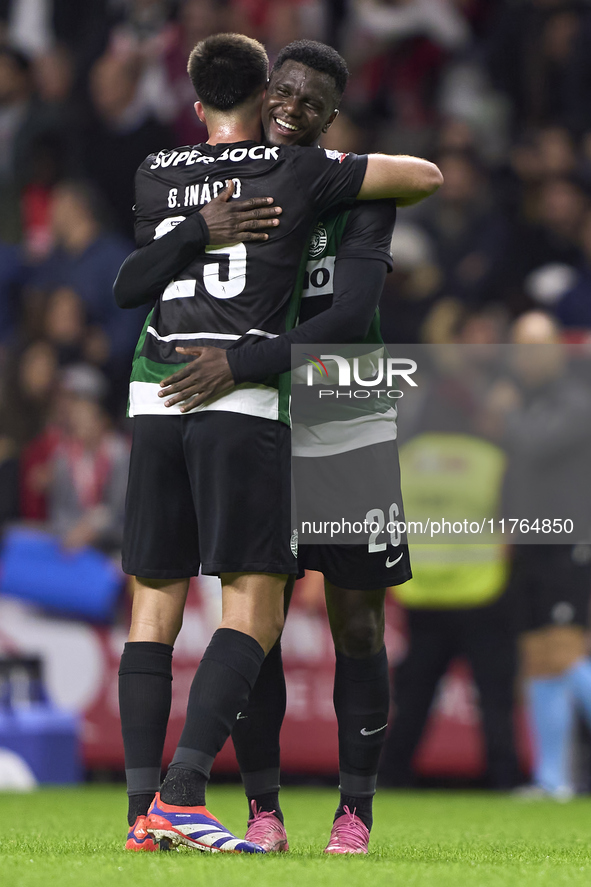 Goncalo Inacio (L) and Ousmane Diomande of Sporting CP celebrate after Conrad Harder (not in frame) scores their side's fourth goal during t...