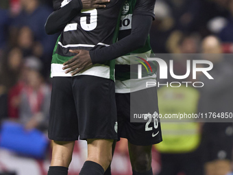 Goncalo Inacio (L) and Ousmane Diomande of Sporting CP celebrate after Conrad Harder (not in frame) scores their side's fourth goal during t...