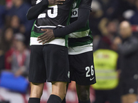 Goncalo Inacio (L) and Ousmane Diomande of Sporting CP celebrate after Conrad Harder (not in frame) scores their side's fourth goal during t...