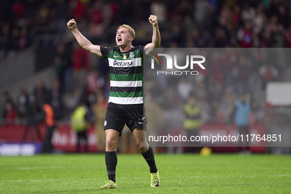 Conrad Harder of Sporting CP celebrates after scoring his team's fourth goal during the Liga Portugal Betclic match between SC Braga and Spo...