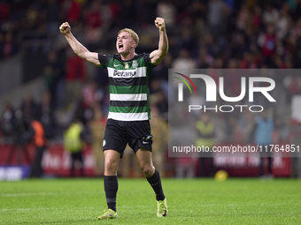 Conrad Harder of Sporting CP celebrates after scoring his team's fourth goal during the Liga Portugal Betclic match between SC Braga and Spo...