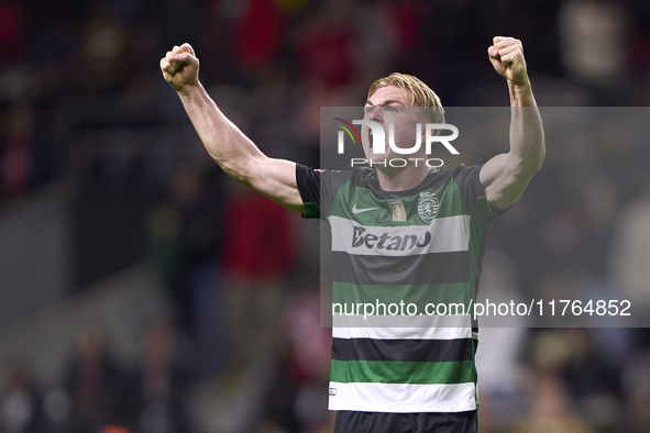 Conrad Harder of Sporting CP celebrates after scoring his team's fourth goal during the Liga Portugal Betclic match between SC Braga and Spo...