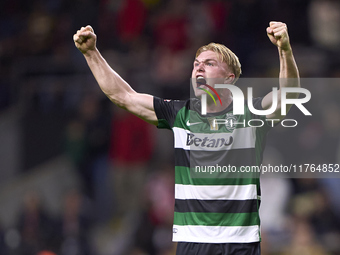 Conrad Harder of Sporting CP celebrates after scoring his team's fourth goal during the Liga Portugal Betclic match between SC Braga and Spo...