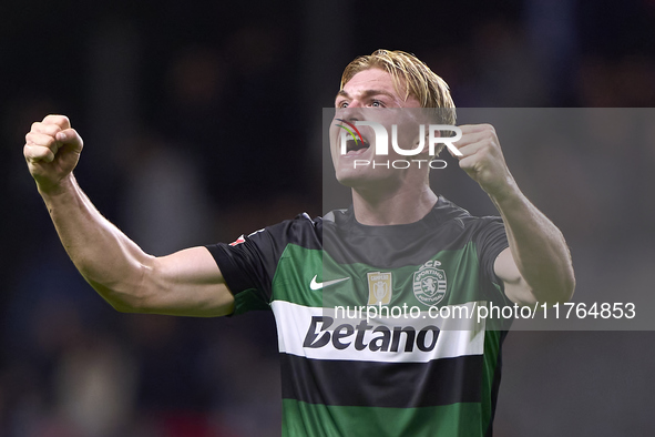 Conrad Harder of Sporting CP celebrates after scoring his team's fourth goal during the Liga Portugal Betclic match between SC Braga and Spo...