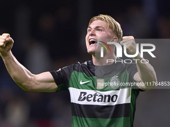 Conrad Harder of Sporting CP celebrates after scoring his team's fourth goal during the Liga Portugal Betclic match between SC Braga and Spo...