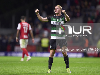 Conrad Harder of Sporting CP celebrates after scoring his team's fourth goal during the Liga Portugal Betclic match between SC Braga and Spo...