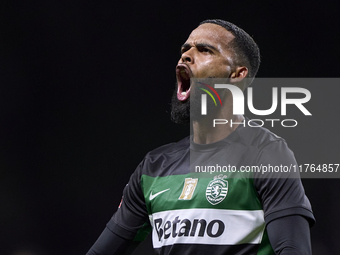 Jeremiah St. Juste of Sporting CP celebrates victory after the Liga Portugal Betclic match between SC Braga and Sporting CP at Estadio Munic...