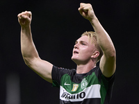 Conrad Harder of Sporting CP celebrates victory after the Liga Portugal Betclic match between SC Braga and Sporting CP at Estadio Municipal...