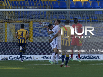 Francesco Pio Esposito of Spezia Calcio celebrates with team mates after scoring during the Serie B match between SS Juve Stabia and Spezia...