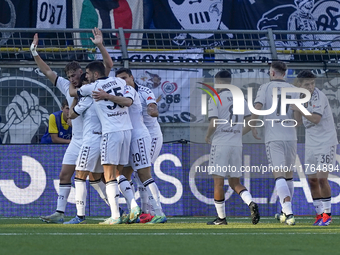 Francesco Pio Esposito of Spezia Calcio celebrates with team mates after scoring during the Serie B match between SS Juve Stabia and Spezia...