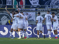 Francesco Pio Esposito of Spezia Calcio celebrates with team mates after scoring during the Serie B match between SS Juve Stabia and Spezia...