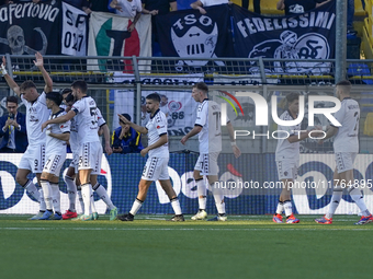 Francesco Pio Esposito of Spezia Calcio celebrates with team mates after scoring during the Serie B match between SS Juve Stabia and Spezia...