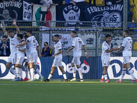 Francesco Pio Esposito of Spezia Calcio celebrates with team mates after scoring during the Serie B match between SS Juve Stabia and Spezia...