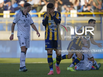 Andrea Adorante of SS Juve Stabia looks dejected during the Serie B match between SS Juve Stabia and Spezia Calcio at Stadio Romeo Menti Cas...