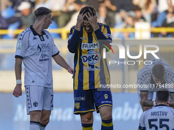 Andrea Adorante of SS Juve Stabia looks dejected during the Serie B match between SS Juve Stabia and Spezia Calcio at Stadio Romeo Menti Cas...