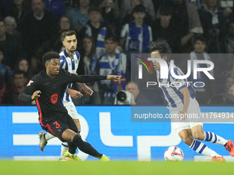 Takefusa Kubo right winger of Real Sociedad and Japan in actiom during the LaLiga match between Real Sociedad and FC Barcelona at Reale Aren...