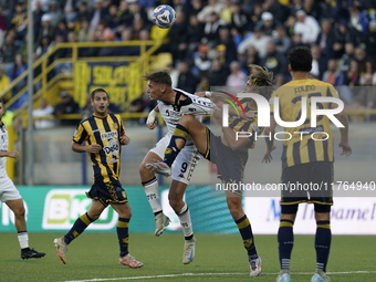 Francesco Pio Esposito of Spezia Calcio competes for the ball with Marco Varnier of SS Juve Stabia during the Serie B match between SS Juve...