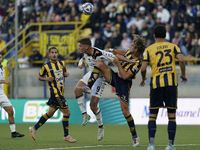 Francesco Pio Esposito of Spezia Calcio competes for the ball with Marco Varnier of SS Juve Stabia during the Serie B match between SS Juve...