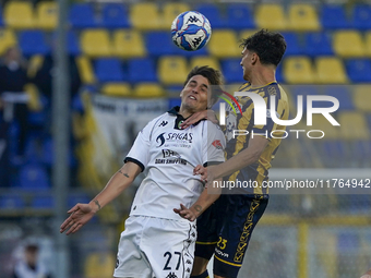 Edoardo Soleri of Spezia Calcio competes for the ball with Francesco Folino of SS Juve Stabia during the Serie B match between SS Juve Stabi...