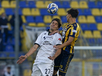 Edoardo Soleri of Spezia Calcio competes for the ball with Francesco Folino of SS Juve Stabia during the Serie B match between SS Juve Stabi...