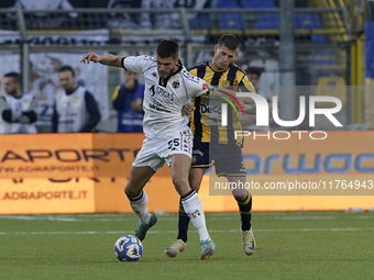 Petko Hristov of Spezia Calcio competes for the ball with Fabio Maistro of SS Juve Stabia during the Serie B match between SS Juve Stabia an...