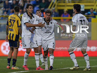 Salvatore Esposito of Spezia Calcio celebrates with team mates after scoring during the Serie B match between SS Juve Stabia and Spezia Calc...