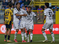 Salvatore Esposito of Spezia Calcio celebrates with team mates after scoring during the Serie B match between SS Juve Stabia and Spezia Calc...