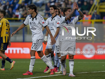 Salvatore Esposito of Spezia Calcio celebrates with team mates after scoring during the Serie B match between SS Juve Stabia and Spezia Calc...