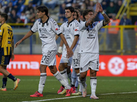 Salvatore Esposito of Spezia Calcio celebrates with team mates after scoring during the Serie B match between SS Juve Stabia and Spezia Calc...