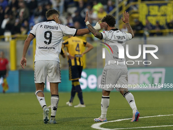 Salvatore Esposito and Francesco Pio Esposito of Spezia Calcio celebrates after scoring during the Serie B match between SS Juve Stabia and...