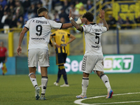 Salvatore Esposito and Francesco Pio Esposito of Spezia Calcio celebrates after scoring during the Serie B match between SS Juve Stabia and...