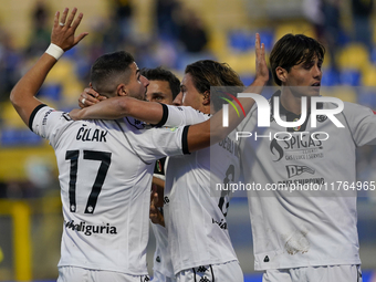 Antonio-Mirko Colak of Spezia Calcio celebrates with team mates after scoring during the Serie B match between SS Juve Stabia and Spezia Cal...