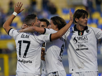 Antonio-Mirko Colak of Spezia Calcio celebrates with team mates after scoring during the Serie B match between SS Juve Stabia and Spezia Cal...