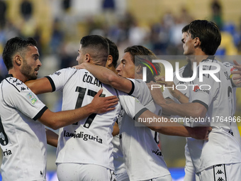 Antonio-Mirko Colak of Spezia Calcio celebrates with team mates after scoring during the Serie B match between SS Juve Stabia and Spezia Cal...