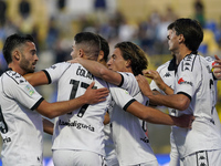 Antonio-Mirko Colak of Spezia Calcio celebrates with team mates after scoring during the Serie B match between SS Juve Stabia and Spezia Cal...