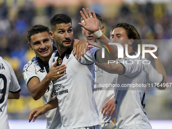 Antonio-Mirko Colak of Spezia Calcio celebrates with team mates after scoring during the Serie B match between SS Juve Stabia and Spezia Cal...