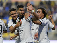 Antonio-Mirko Colak of Spezia Calcio celebrates with team mates after scoring during the Serie B match between SS Juve Stabia and Spezia Cal...