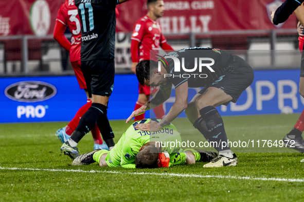 Ivan Provedel and Alessio Romagnoli play during the Serie A match between AC Monza and SS Lazio at U-Power Stadium in Monza, Italy, on Novem...