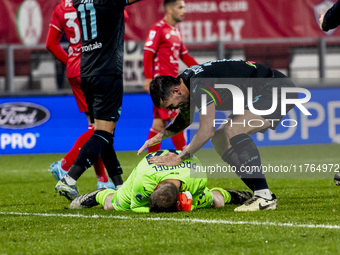 Ivan Provedel and Alessio Romagnoli play during the Serie A match between AC Monza and SS Lazio at U-Power Stadium in Monza, Italy, on Novem...