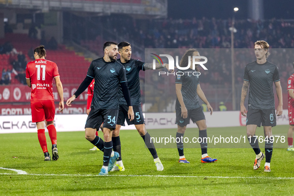 Mario Gila, Matias Vecino, Matteo Guendouzi, and Nicolo Rovella are in action during the Serie A match between AC Monza and SS Lazio in Monz...