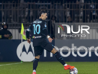 Mattia Zaccagni plays during the Serie A match between AC Monza and SS Lazio at U-Power Stadium in Monza, Italy, on November 10, 2024. (