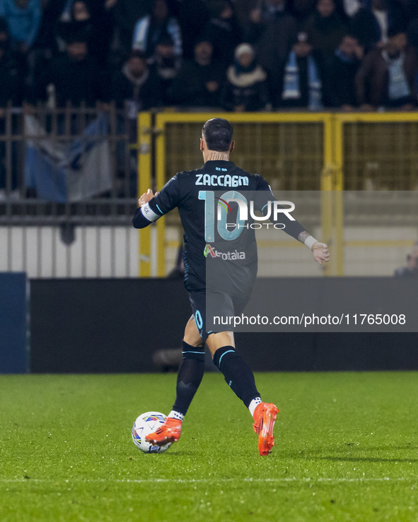 Mattia Zaccagni plays during the Serie A match between AC Monza and SS Lazio at U-Power Stadium in Monza, Italy, on November 10, 2024. 